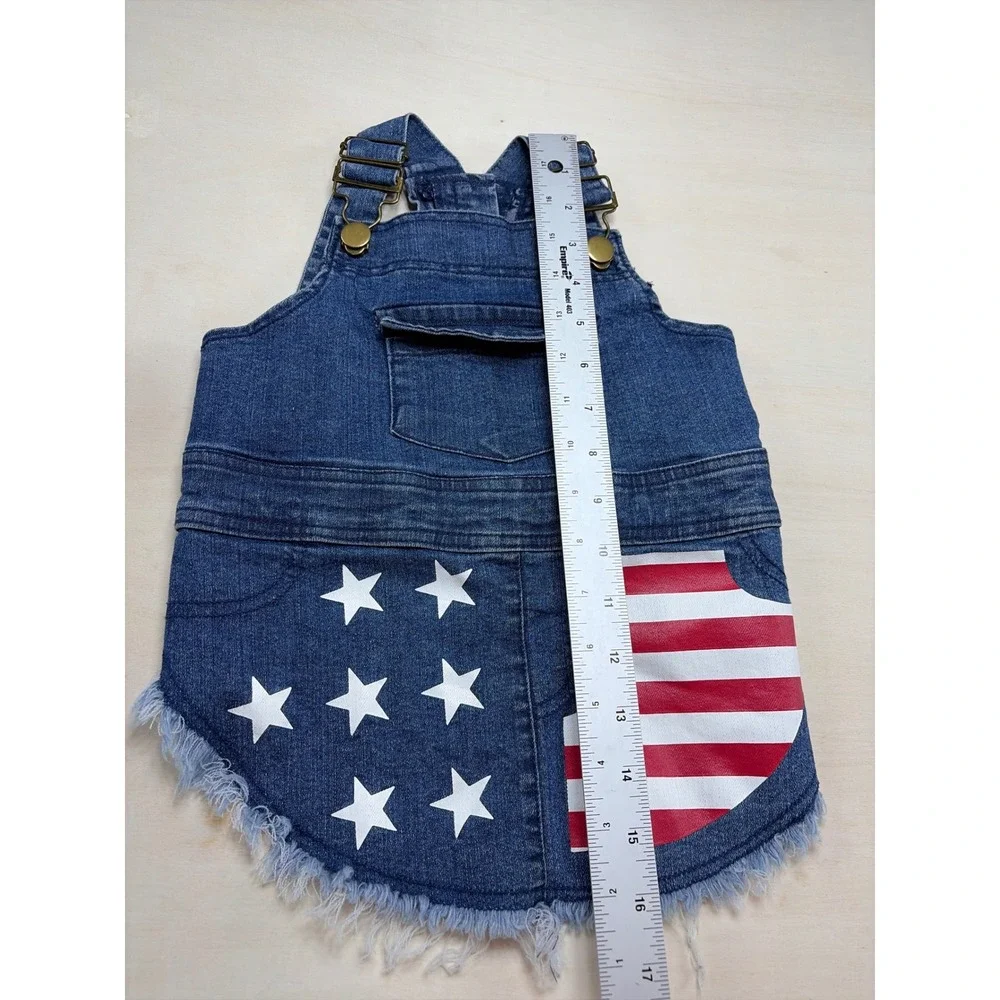Patriotic Denim Dog Overall Dress American Flag Stars Stripes Blue S/M